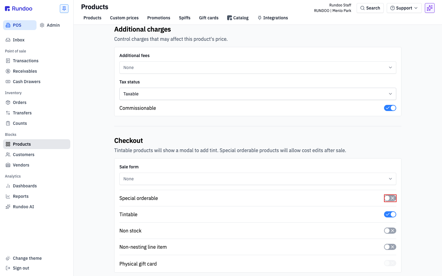 A product's Settings tab, Checkout card, with the Special orderable toggle highlighted