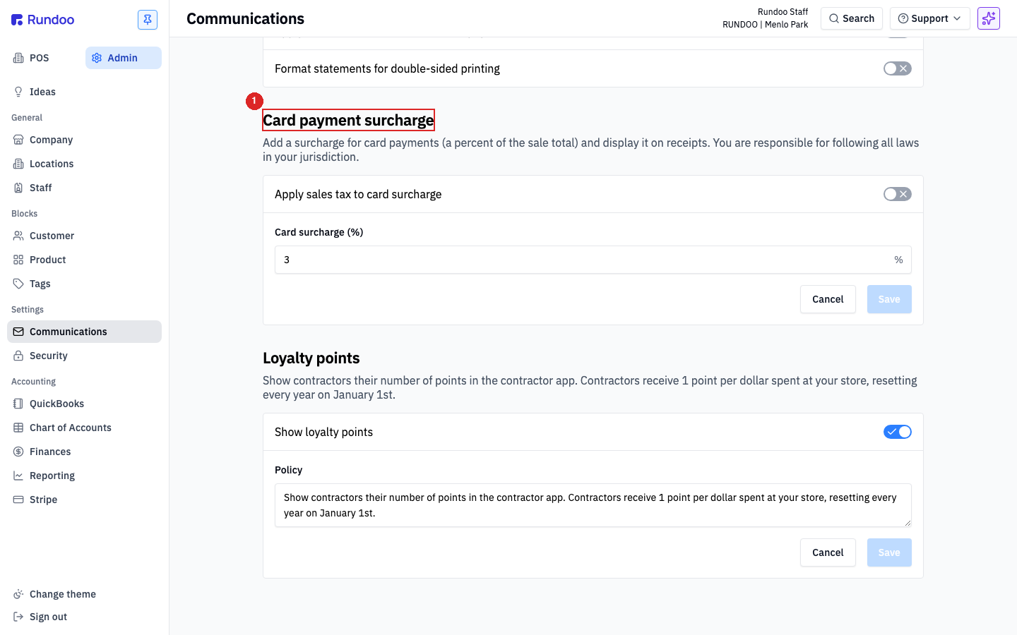 The Card payment surcharge section on the Communications tab, with Card surcharge set to 3% and Apply sales tax to card surcharge toggled off
