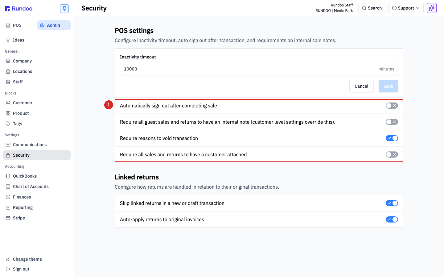 The Security tab showing POS settings with Inactivity timeout, the four toggles including Automatically sign out after completing sale, and the Linked returns section below