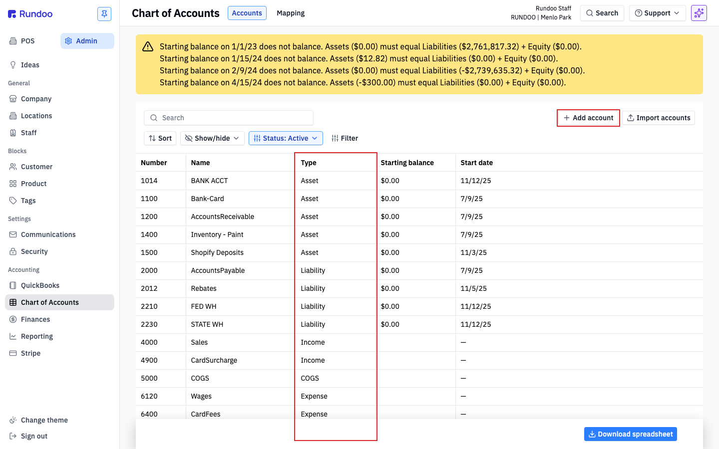 Rundoo Chart of Accounts on the Accounts tab, listing account number, name, type, and starting balance