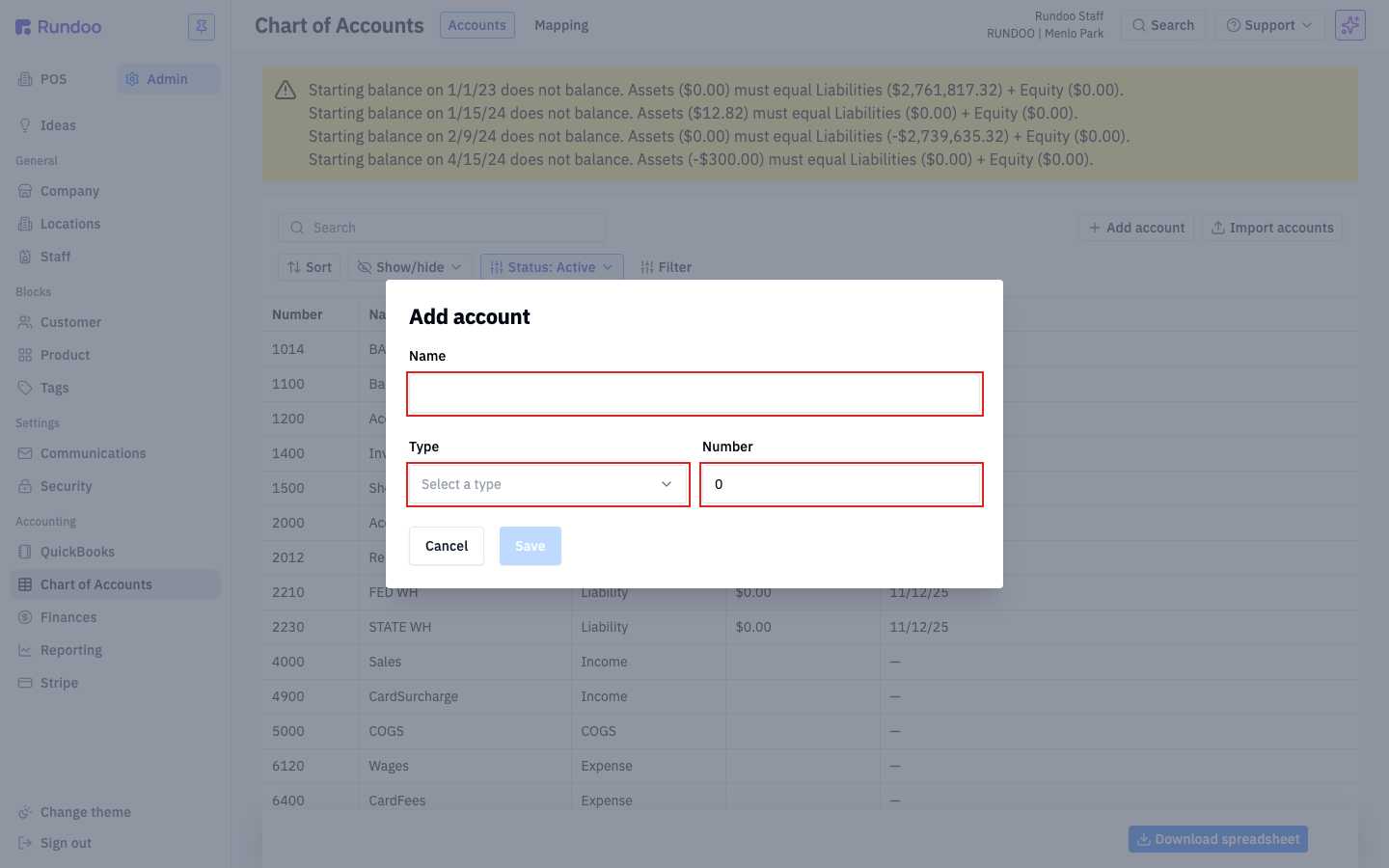 Add account modal on the Chart of Accounts page with fields for Name, Type, and Number
