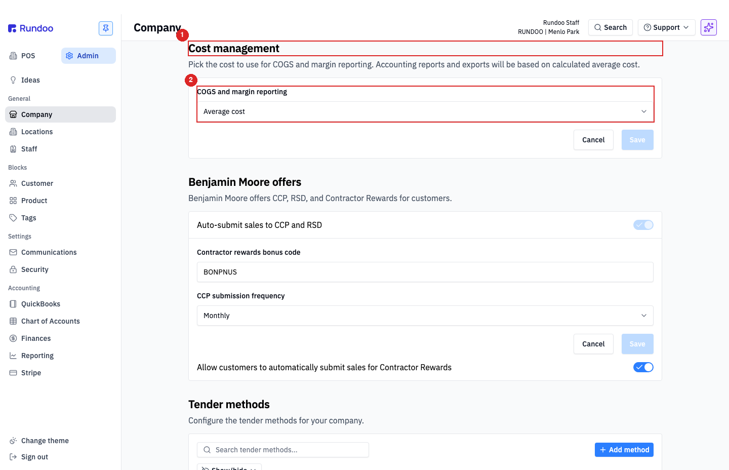Company page Cost management section with the COGS and margin reporting dropdown set to Average cost