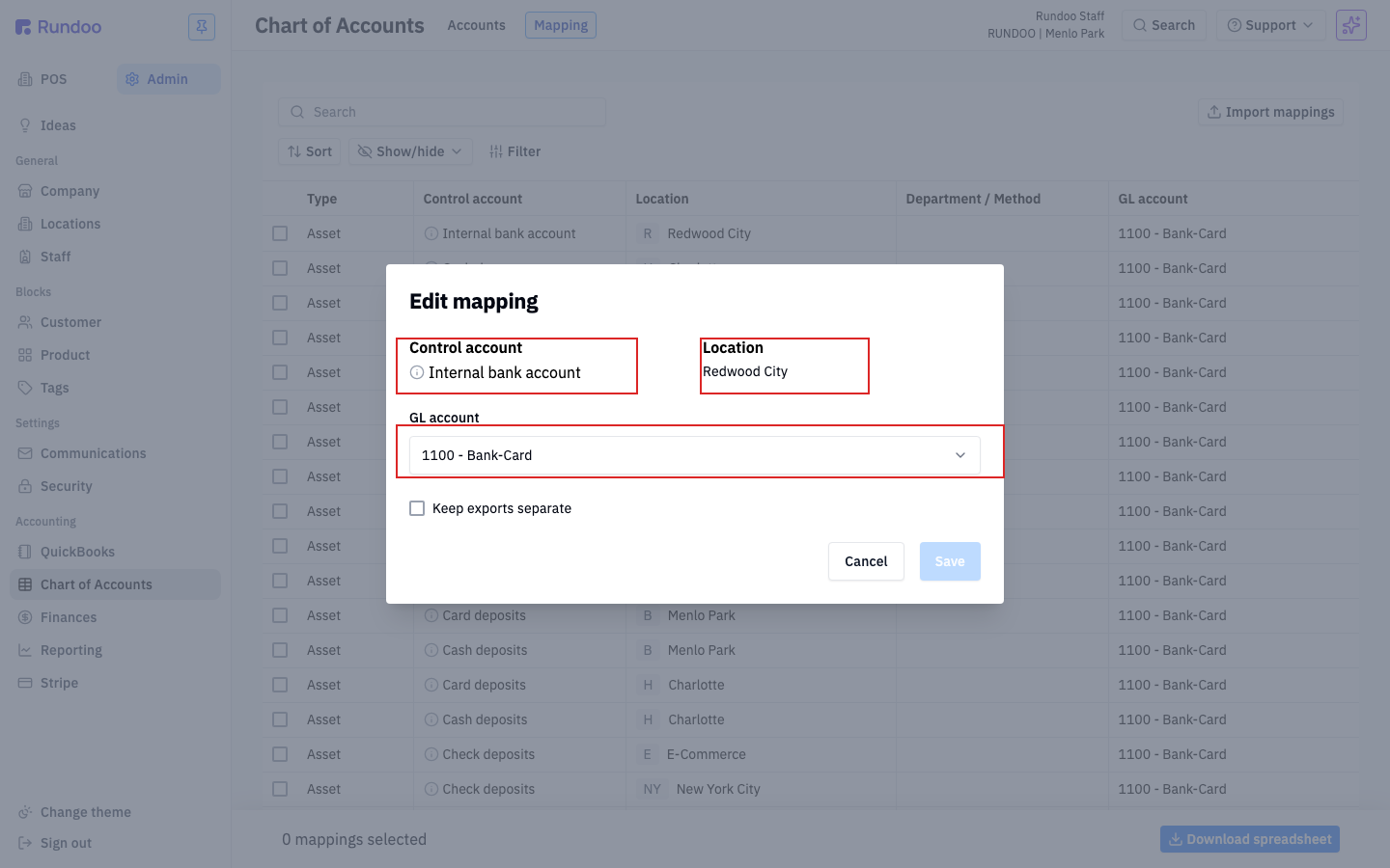 Edit mapping modal showing read-only Control account and Location, and an editable GL account dropdown set to 1100 - Bank-Card