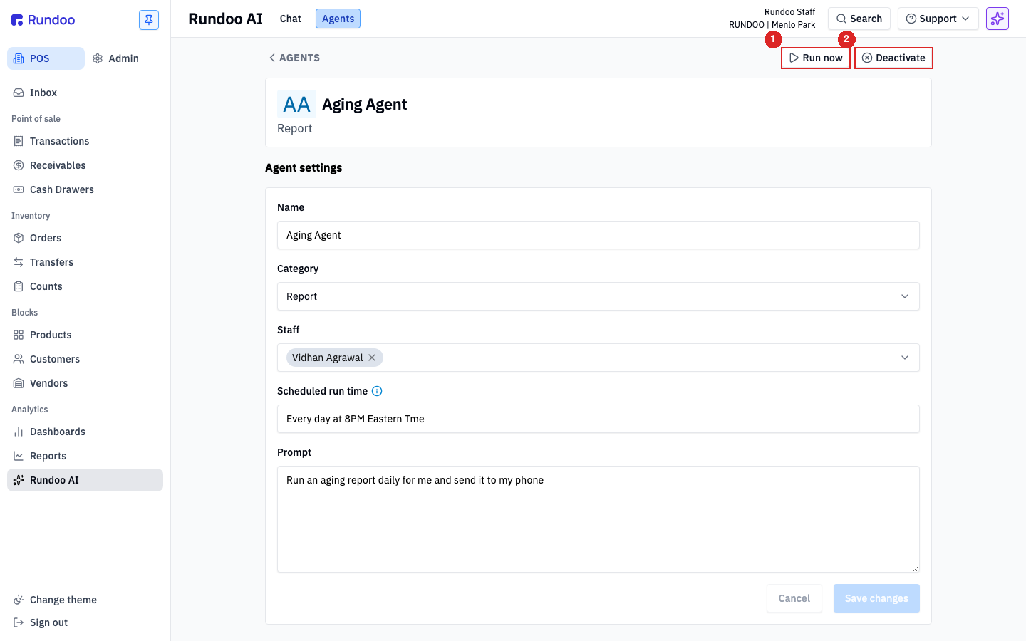 An agent's detail page with Run now and Deactivate buttons in the top-right