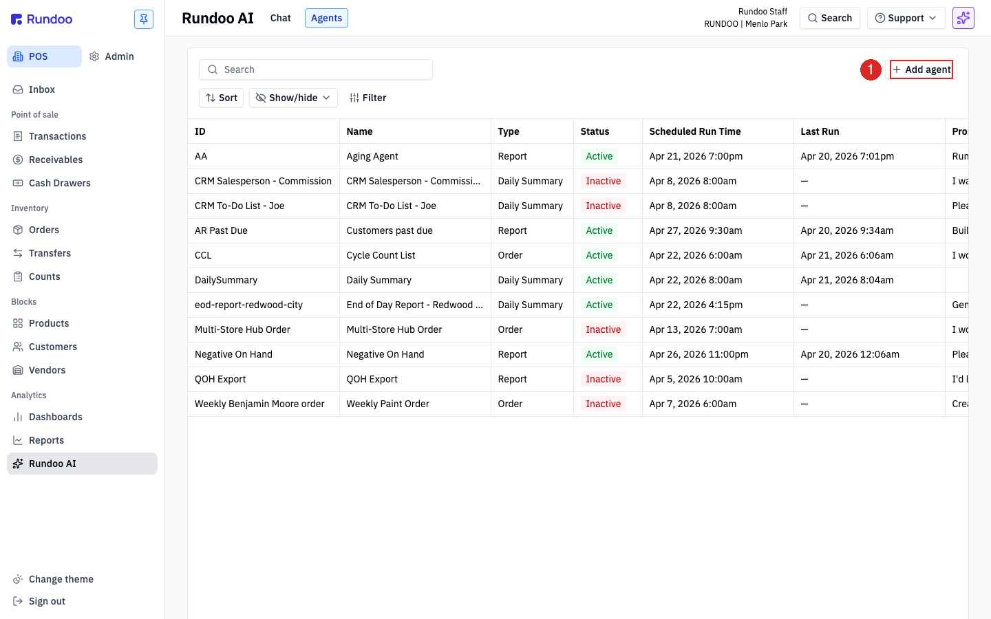 The Agents tab of Dooey in POS, with the Add agent button highlighted in the top-right of the agents list