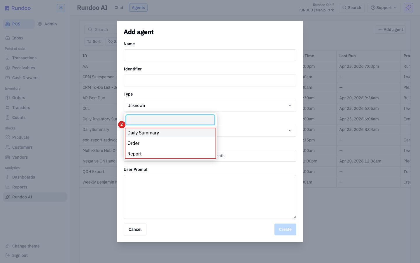 The Add agent modal with Name, Identifier, and the Type dropdown showing Daily Summary, Order, and Report