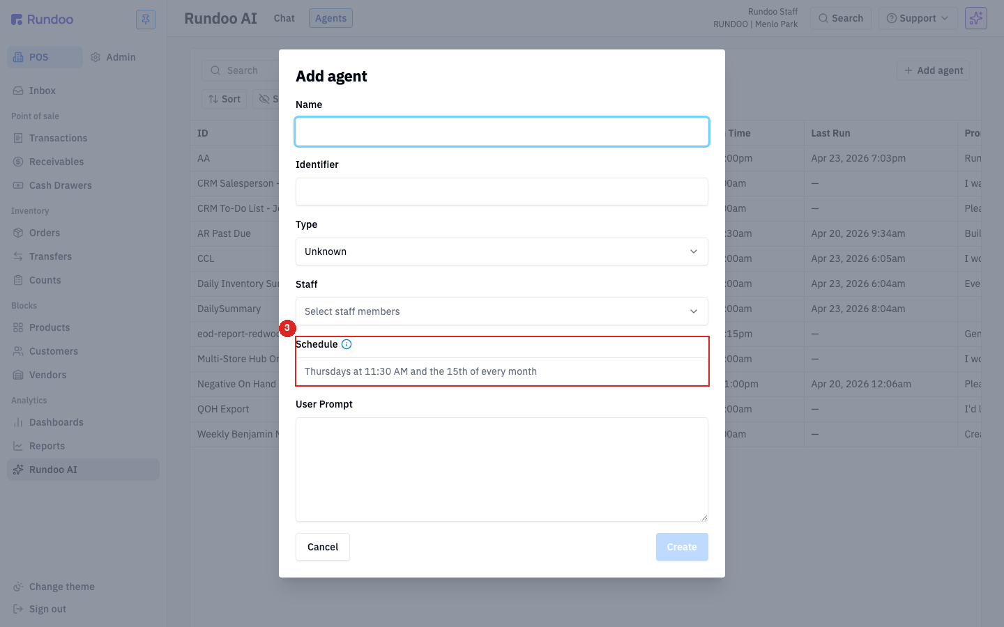The Add agent modal showing the Staff field with a person assigned and the Schedule field reading Every day at 6pm