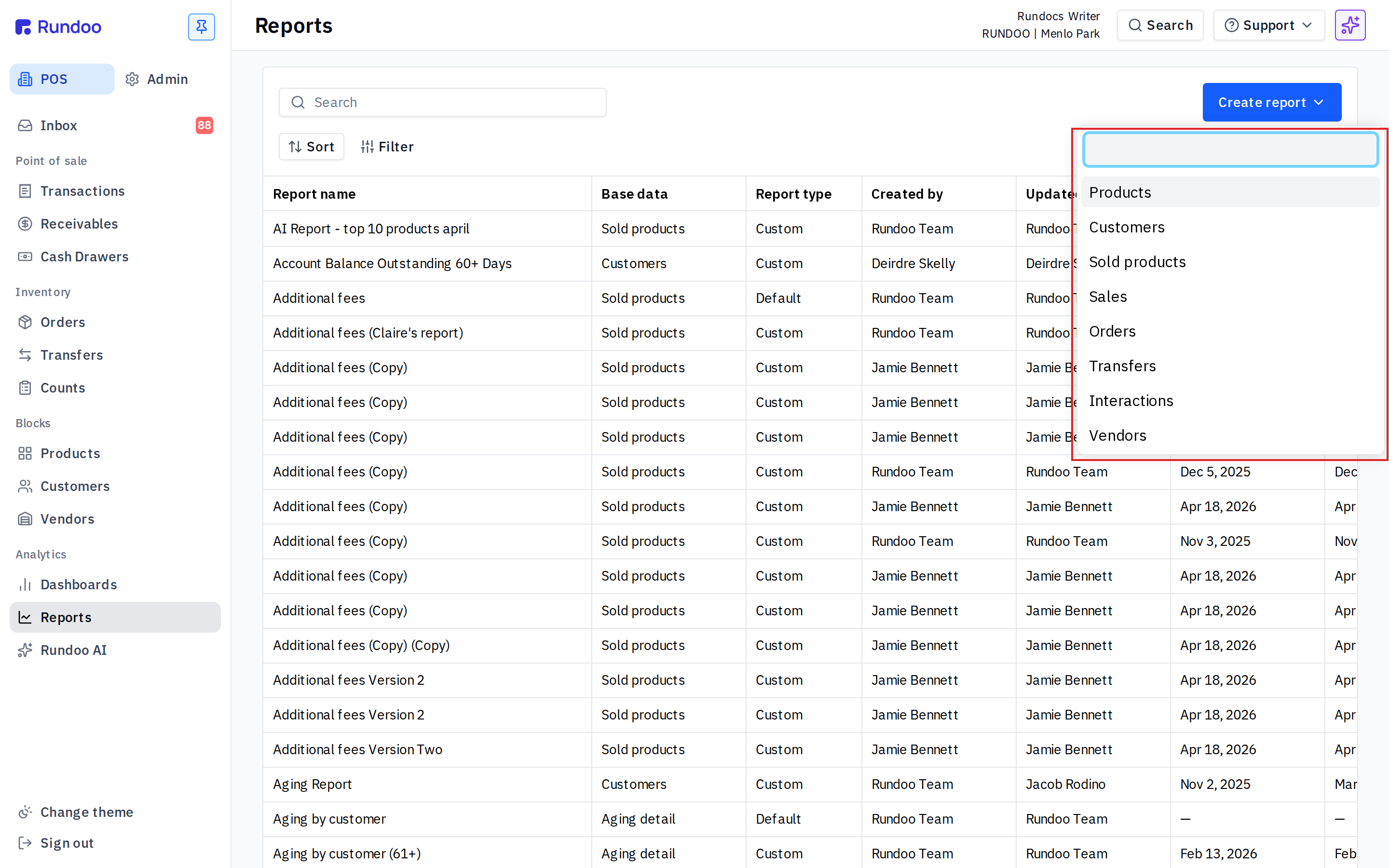 The Create report dropdown open on the Reports page, showing base data options Products, Customers, Sold products, Sales, Orders, Transfers, Interactions, and Vendors