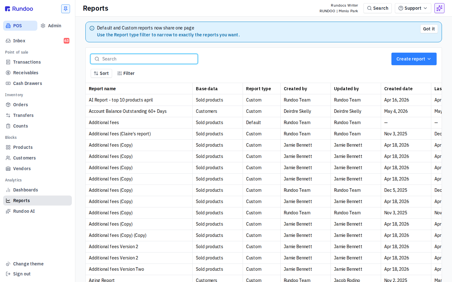 The Rundoo Reports page showing a banner that default and custom reports share one page, a Create report button, and a table with Report name, Base data, and Report type columns