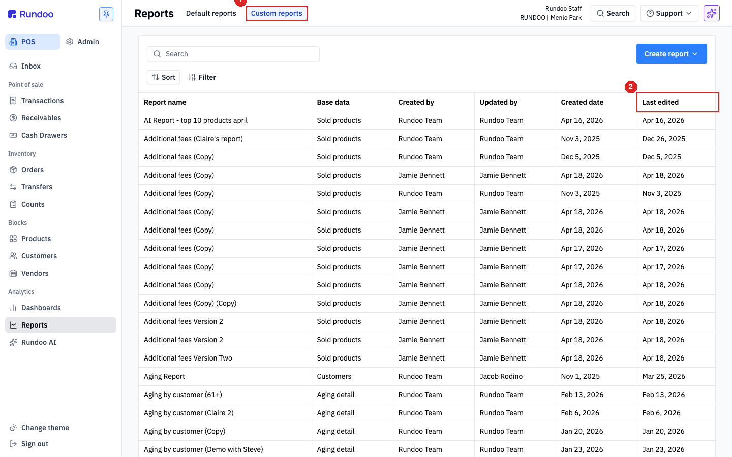 The Custom reports tab on the Reports page, showing the shared list of custom reports every teammate can open, with the Custom reports tab and Last edited column highlighted