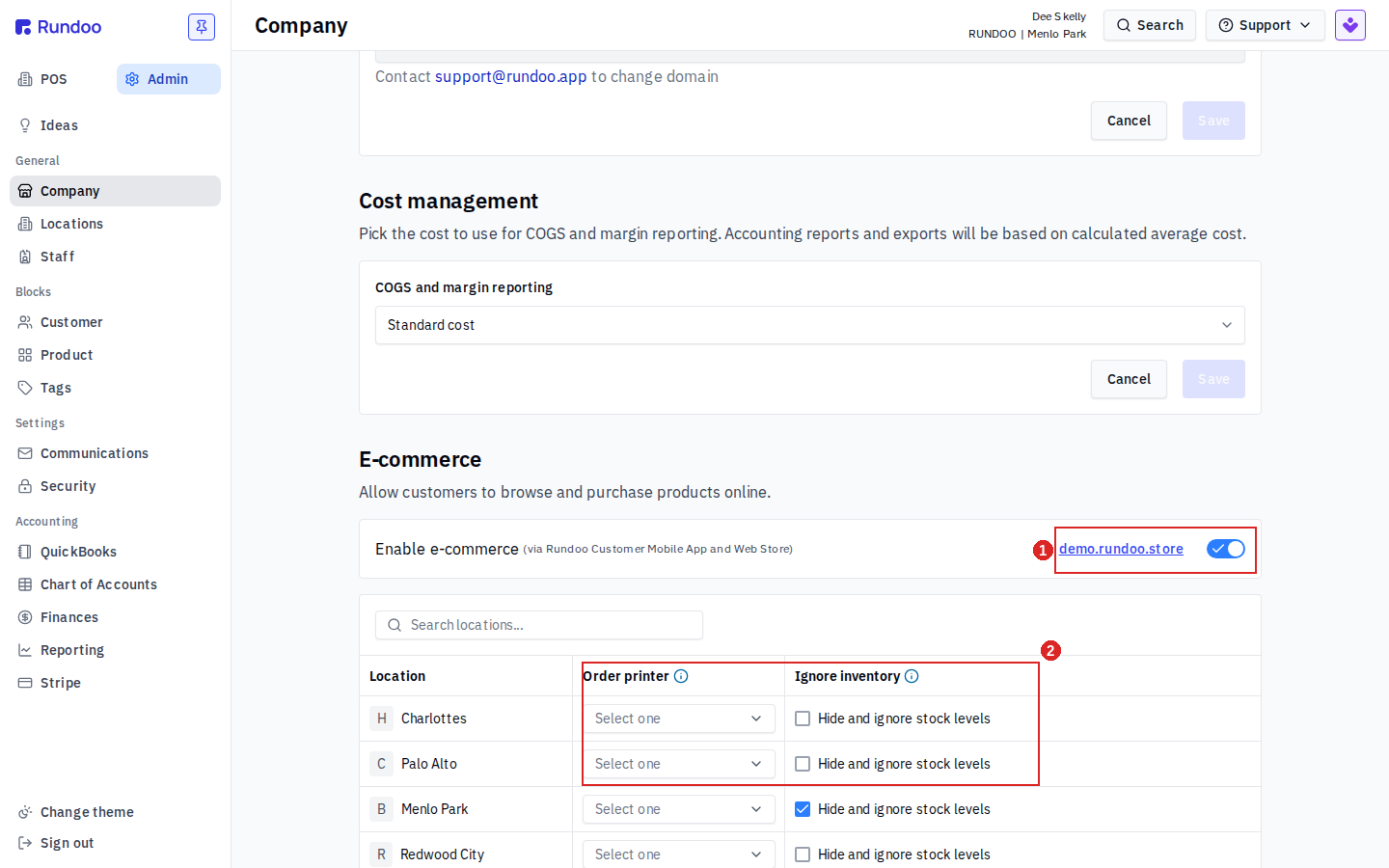 Admin Company page E-commerce section with the Enable e-commerce toggle, web store link, and a per-location order printer and stock table