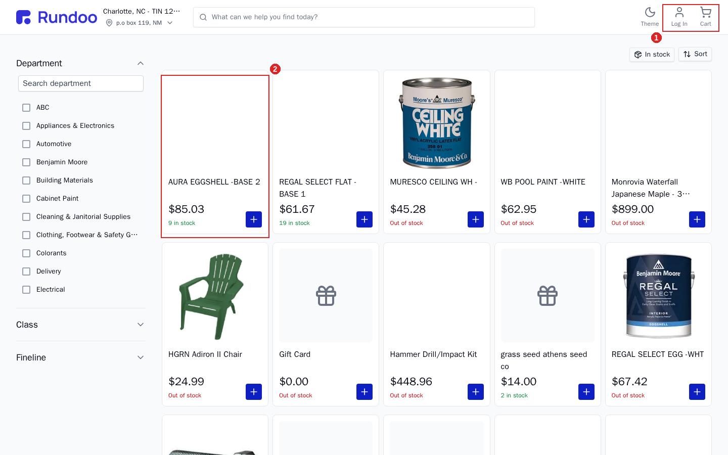 Rundoo web store product grid with department filters, prices, in-stock and out-of-stock labels, add-to-cart buttons, and Log In and Cart in the header